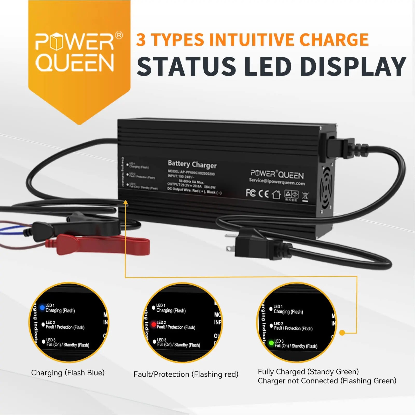 POWER QUEEN 29.2V 20Amp Lithium LiFePO4 Battery Charger Power Queen