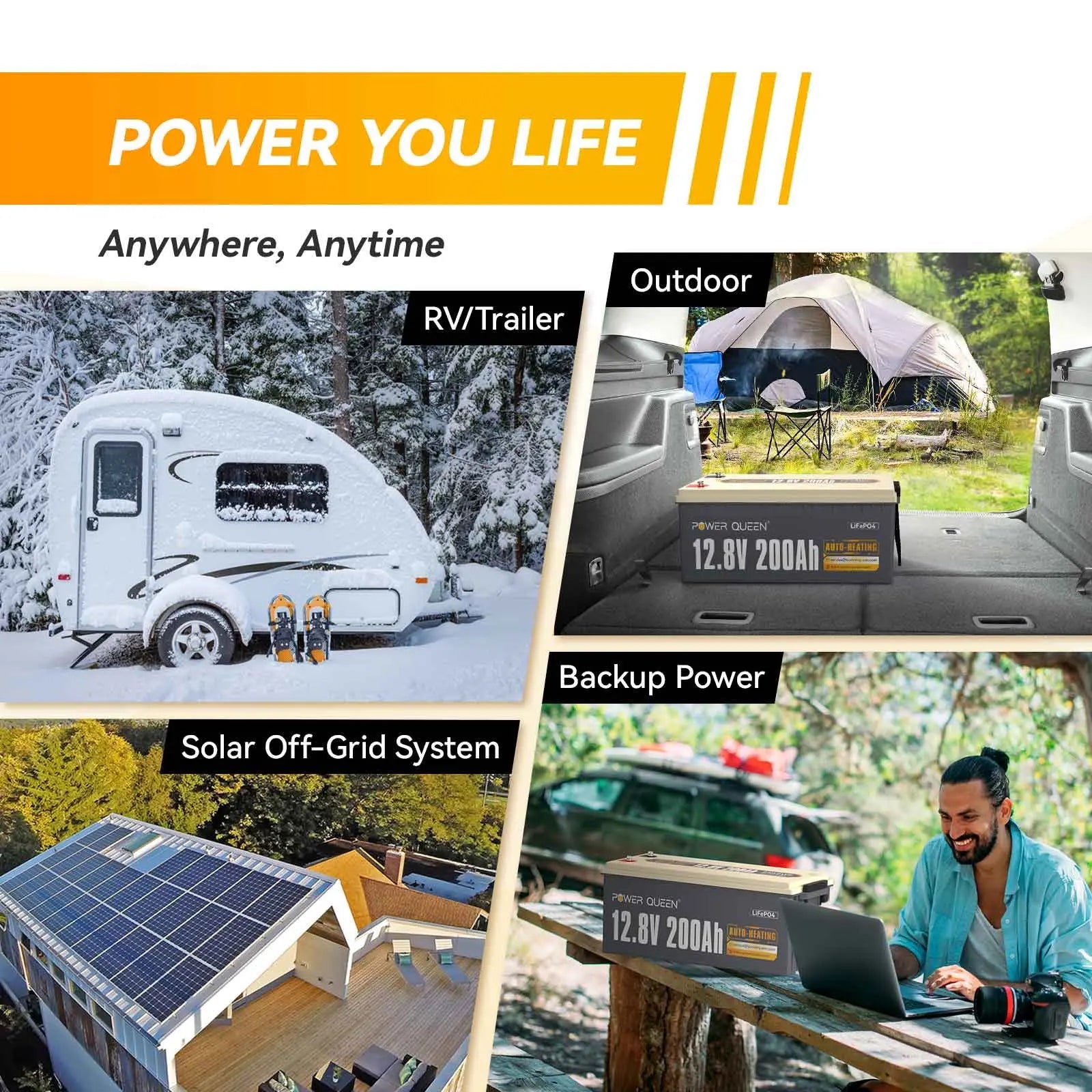 Power Queen 12.8V 200Ah Self-Heating LiFePO4 Battery, Built-in 100A BMS Power Queen