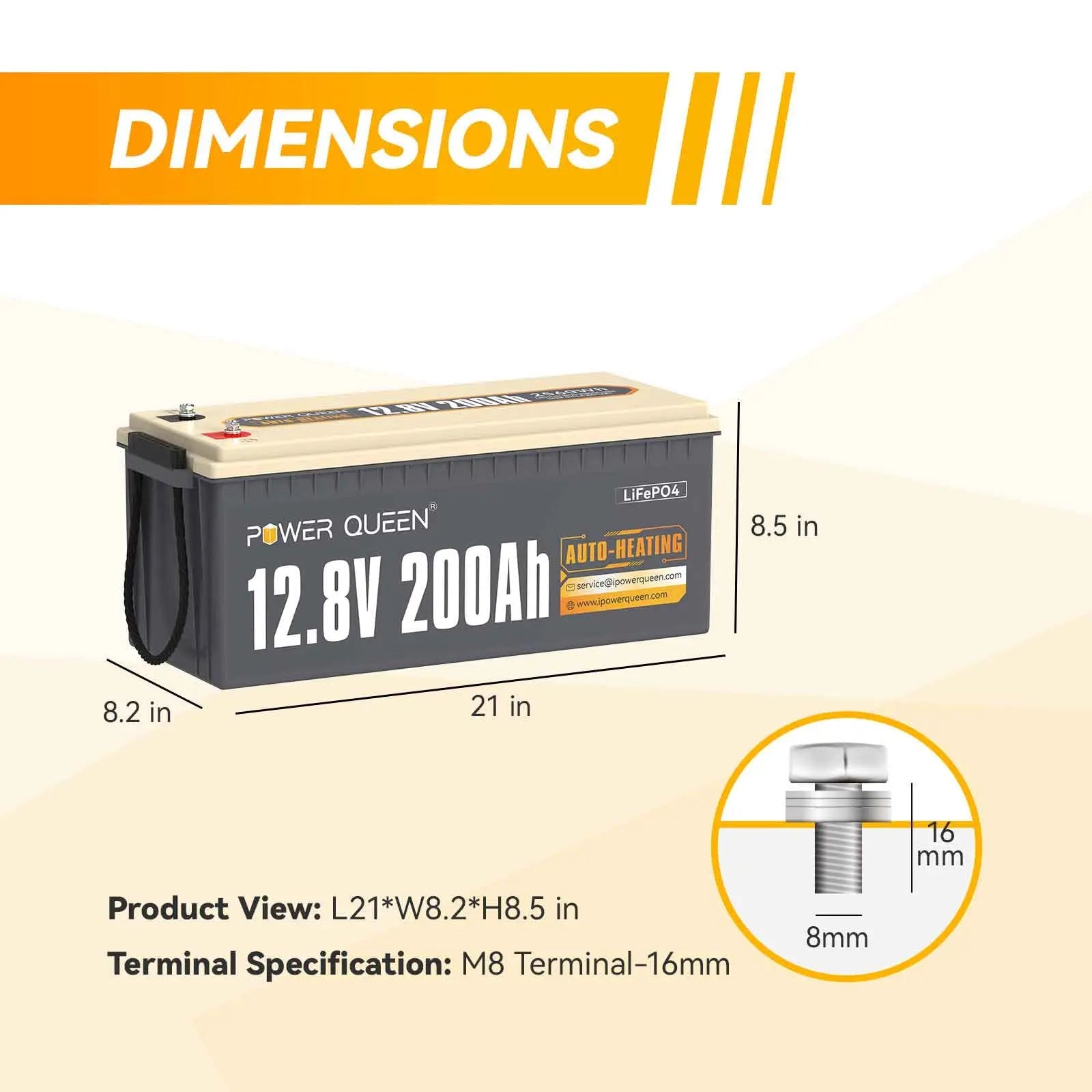 Power Queen 12.8V 200Ah Self-Heating Lithium Battery, Built-in 100A BMS Power Queen