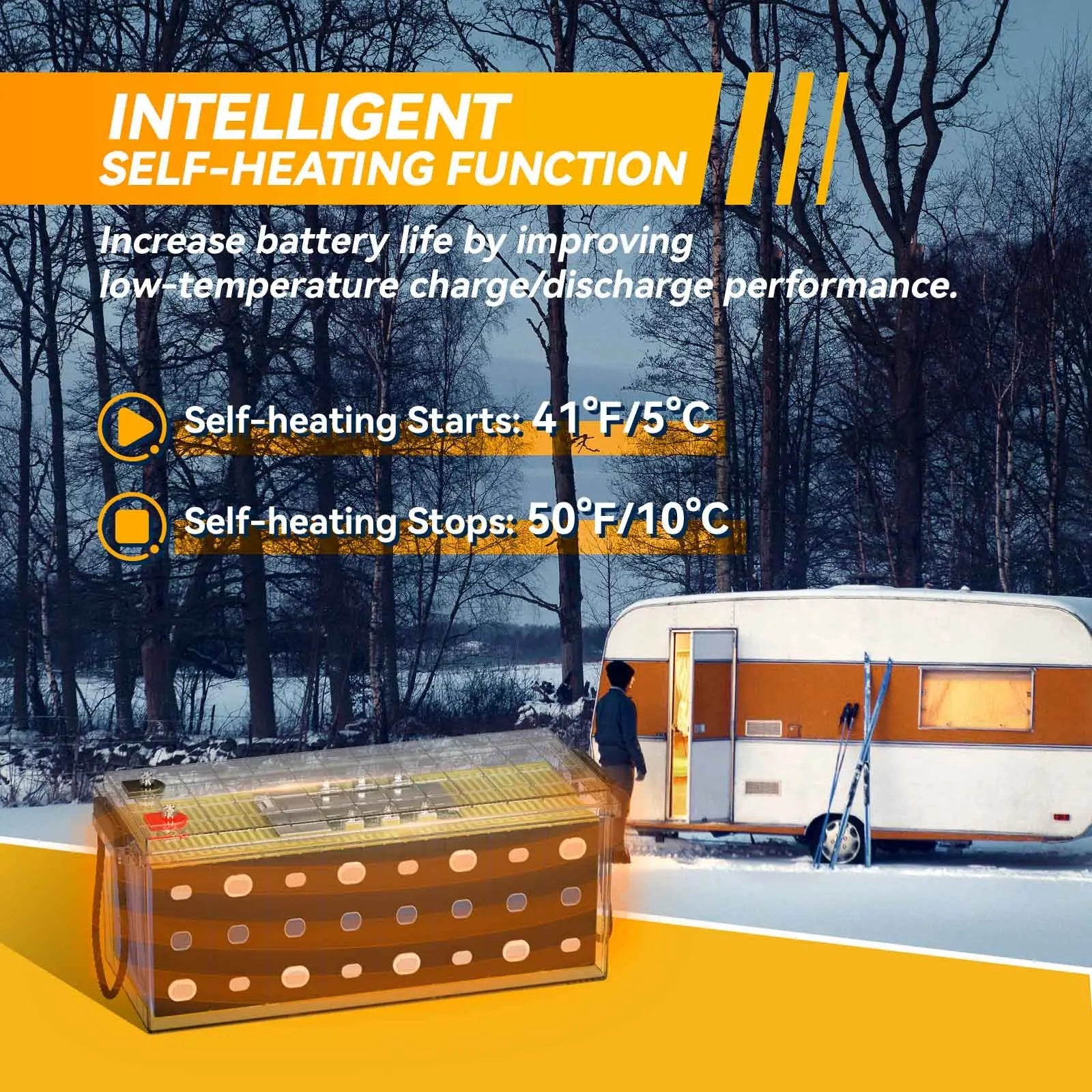 Power Queen 12.8V 200Ah Self-Heating Lithium Battery, Built-in 100A BMS Power Queen
