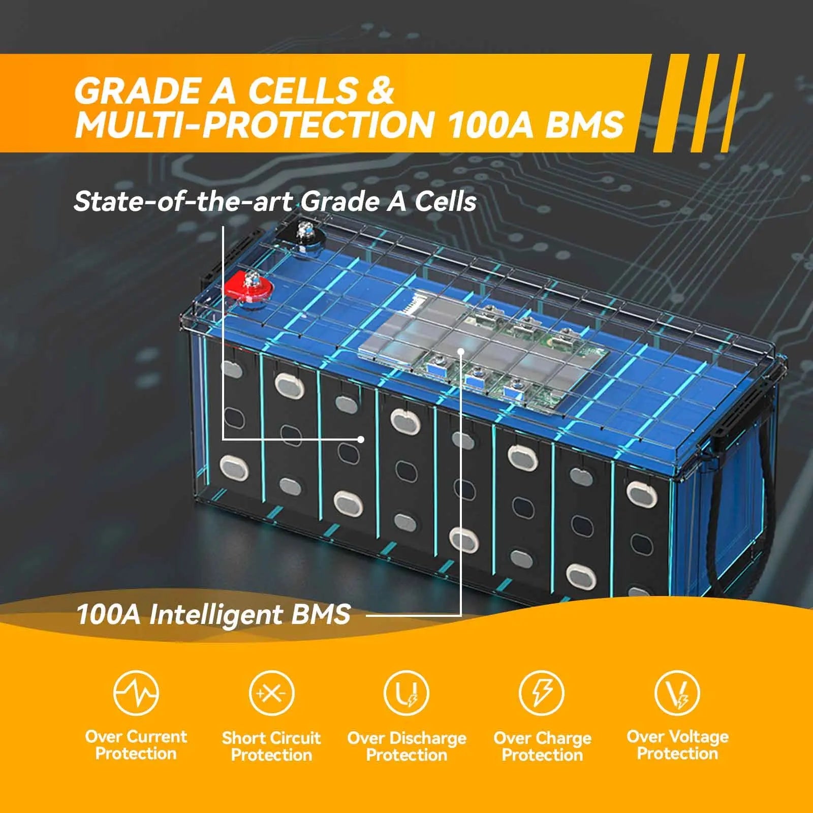 Power Queen 12.8V 200Ah Self-Heating Lithium Battery, Built-in 100A BMS Power Queen