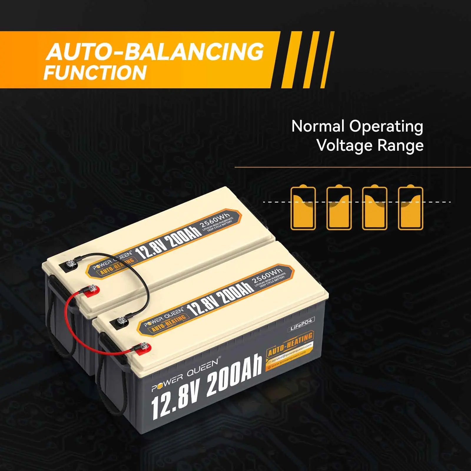 Power Queen 12.8V 200Ah Self-Heating Lithium Battery, Built-in 100A BMS Power Queen