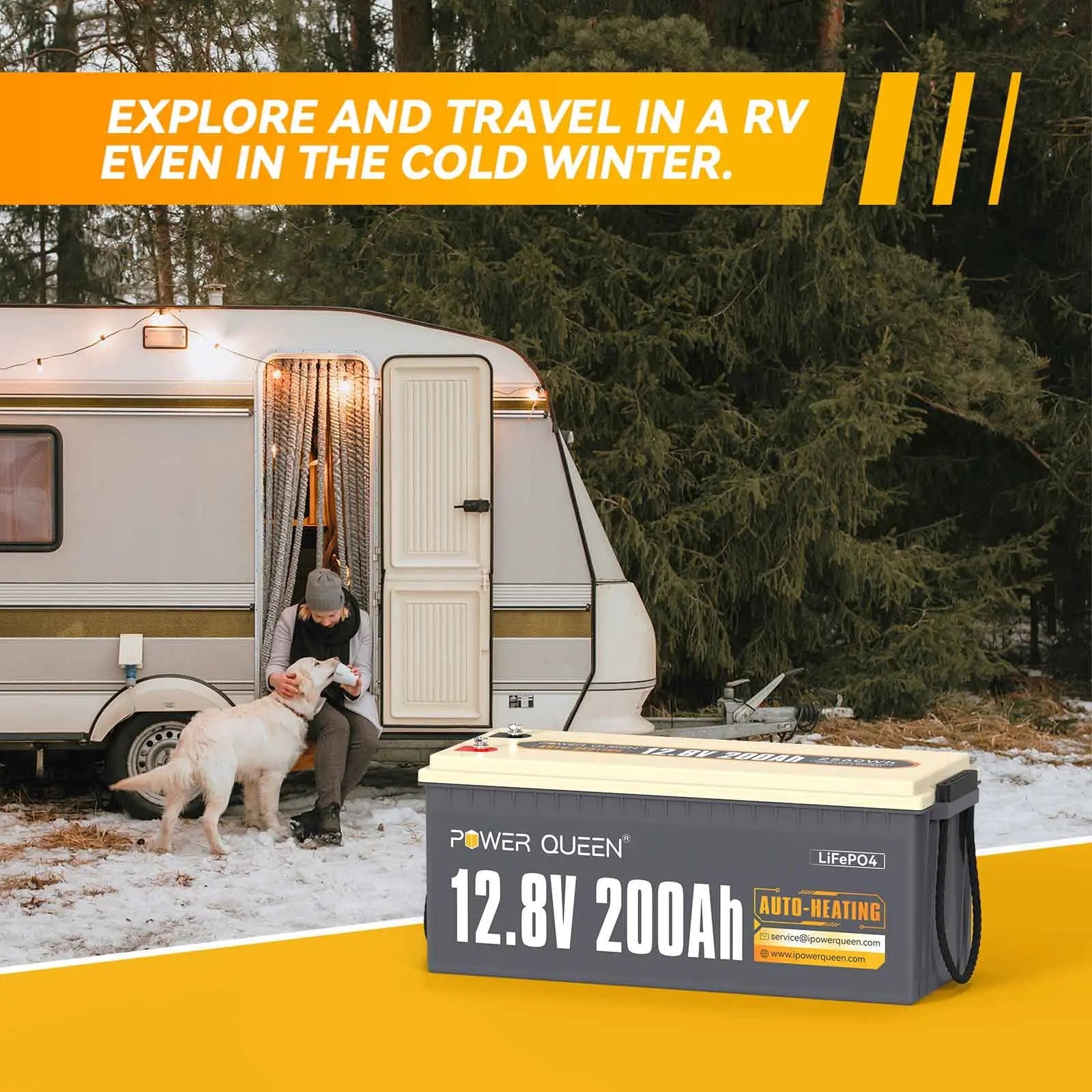Power Queen 12.8V 200Ah Self-Heating Lithium Battery, Built-in 100A BMS Power Queen