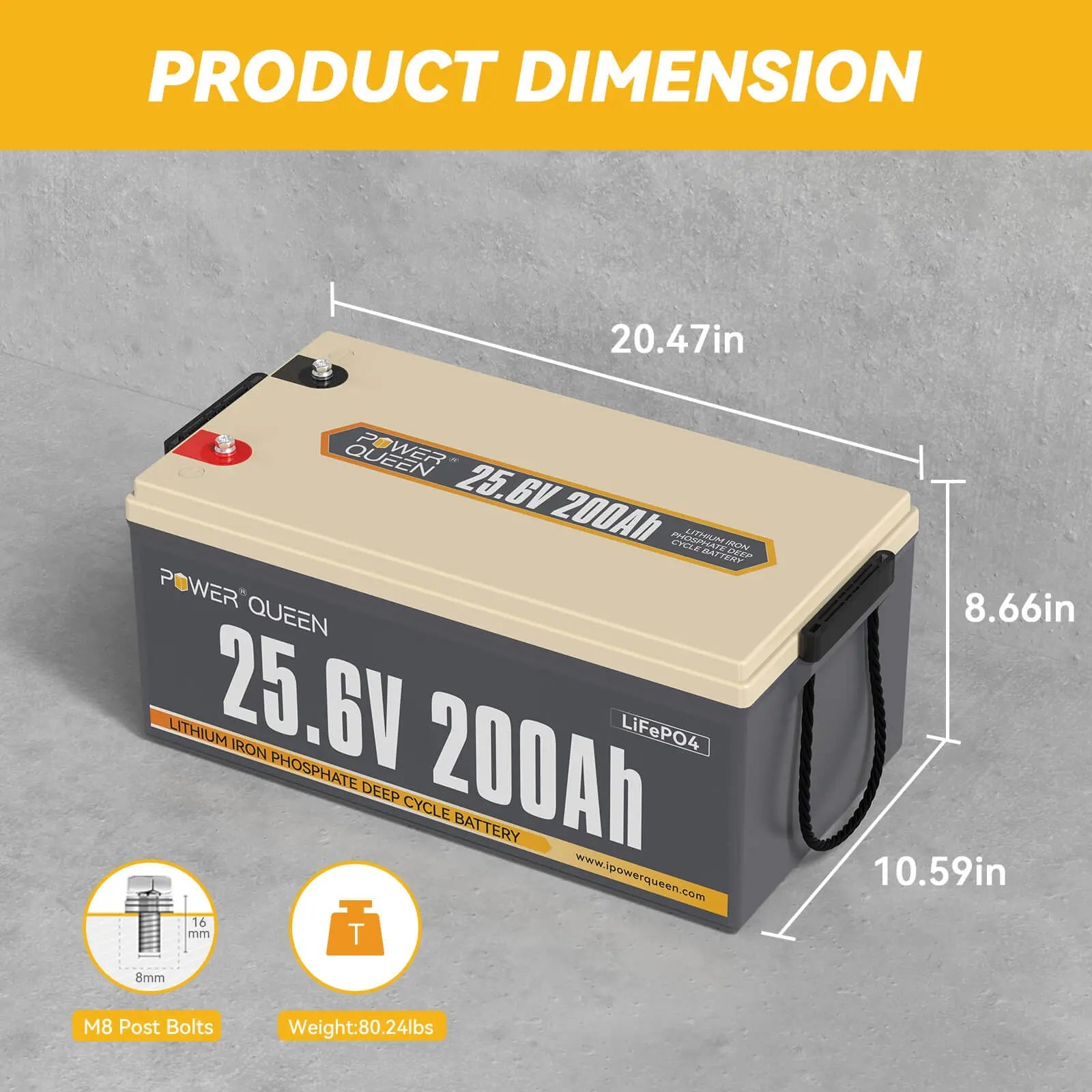 Power Queen 25.6V 200Ah LiFePO4 Battery, Built-in 200A BMS [Code: OFF100] Power Queen